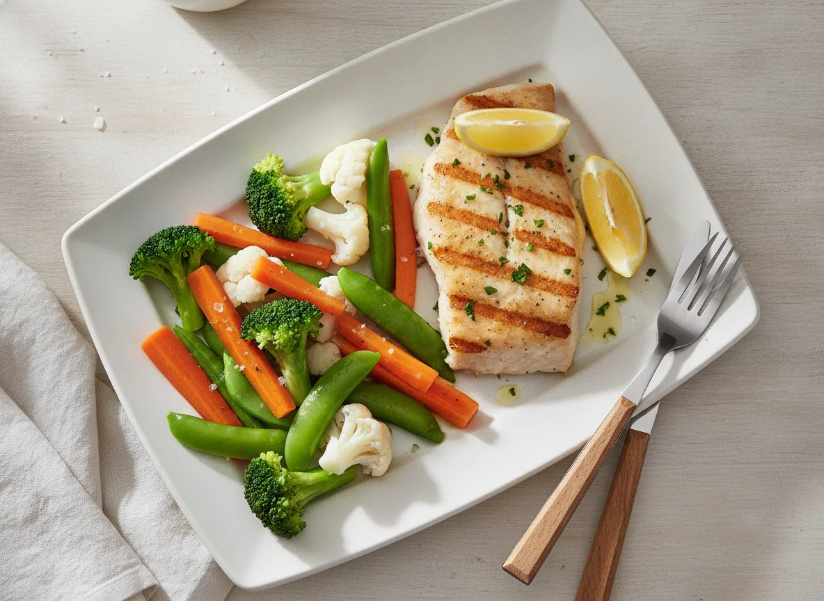Grilled white fish with steamed vegetables photo