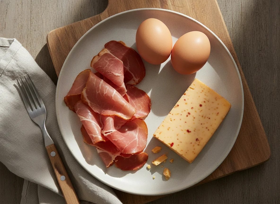 Grocery items: Eggs, Ham, and Spicy Cheddar photo