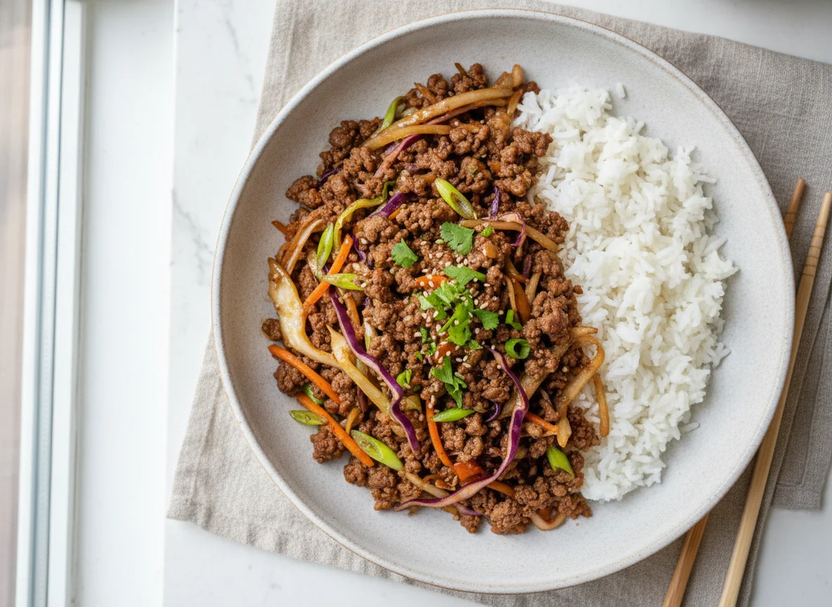 Ground Beef and Cabbage Stir-fry with Rice photo