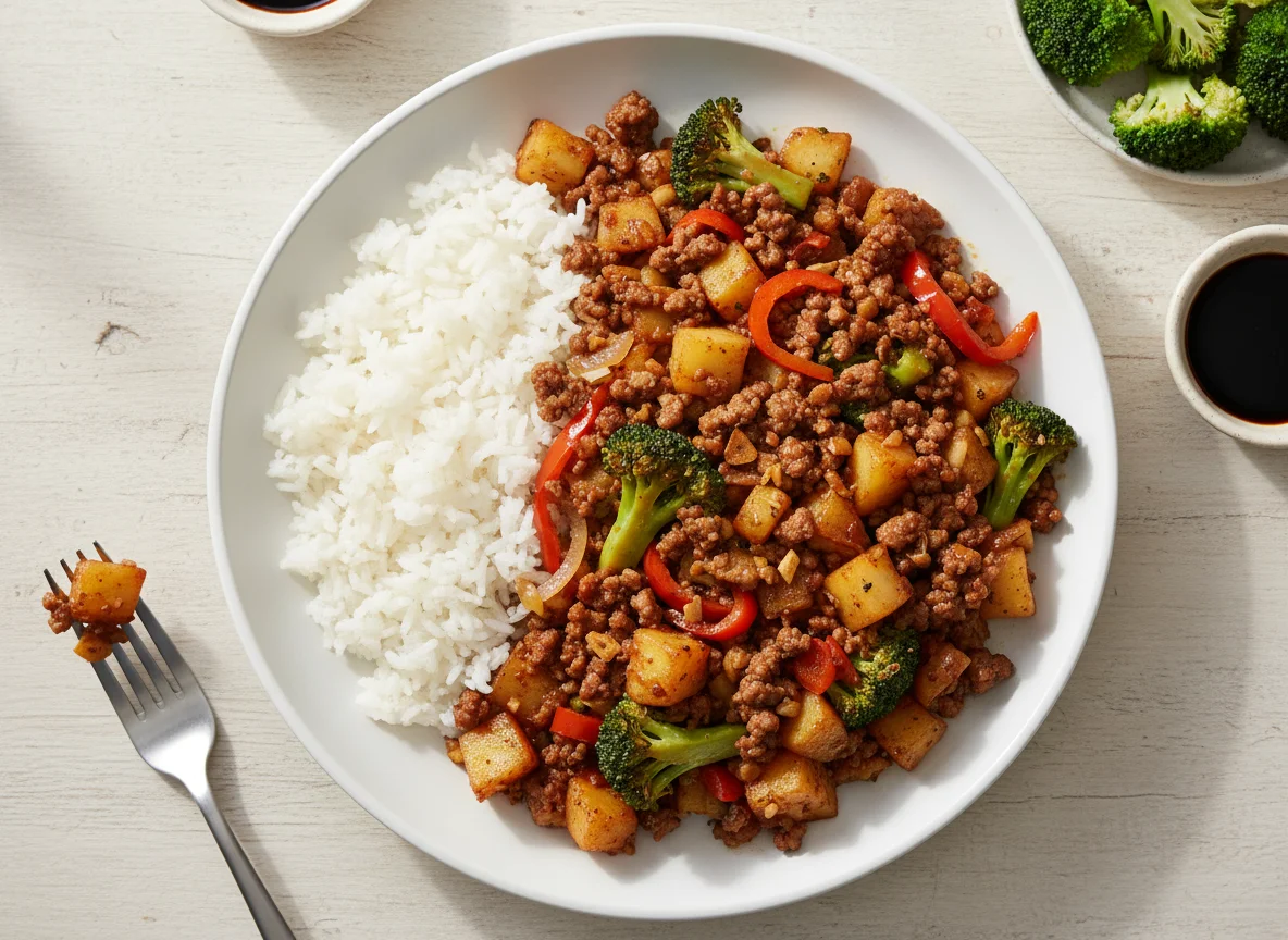 Ground Beef and Potato Stir-fry with Rice and Broccoli photo