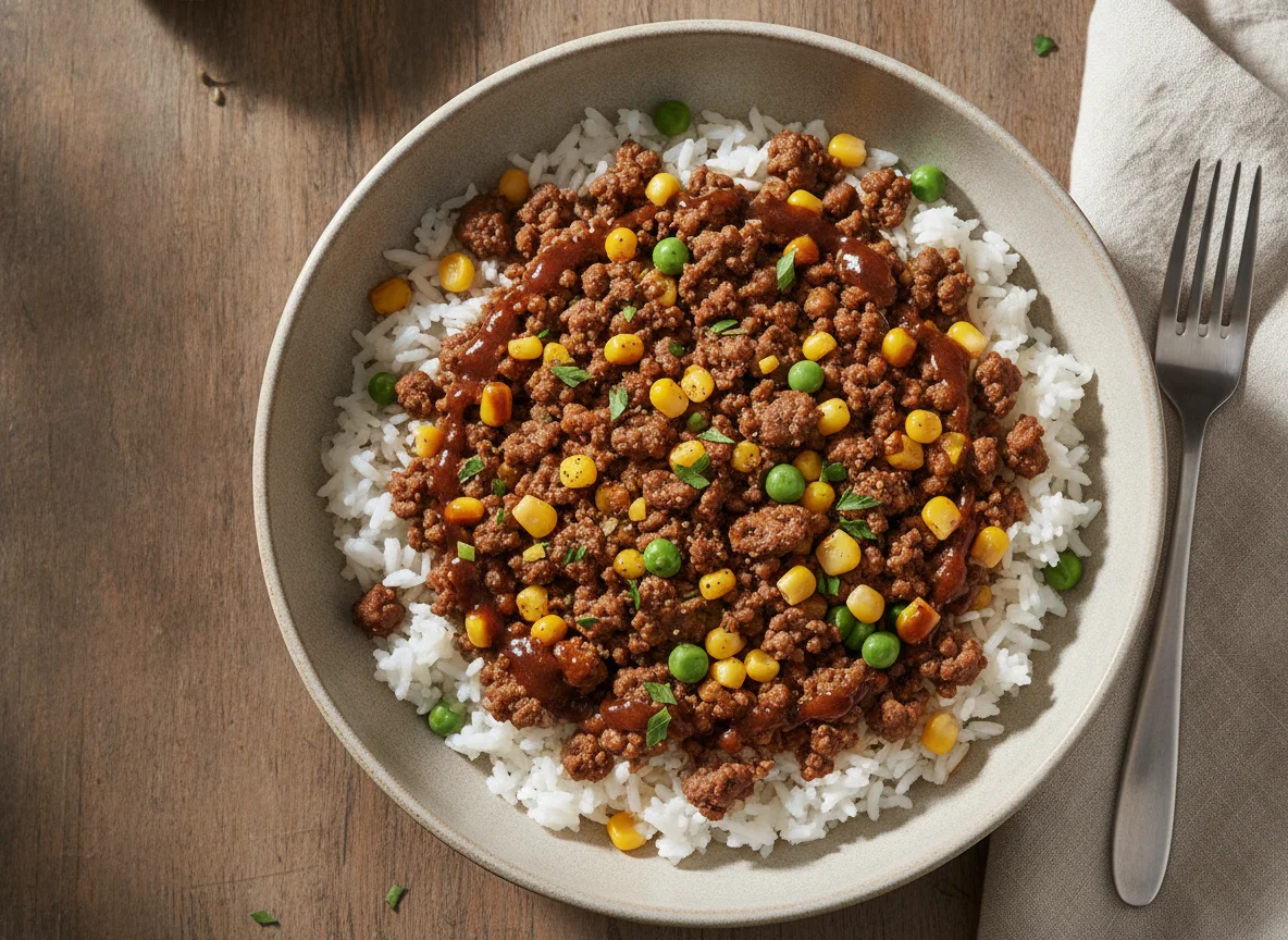 Ground beef and rice bowl with corn and peas photo
