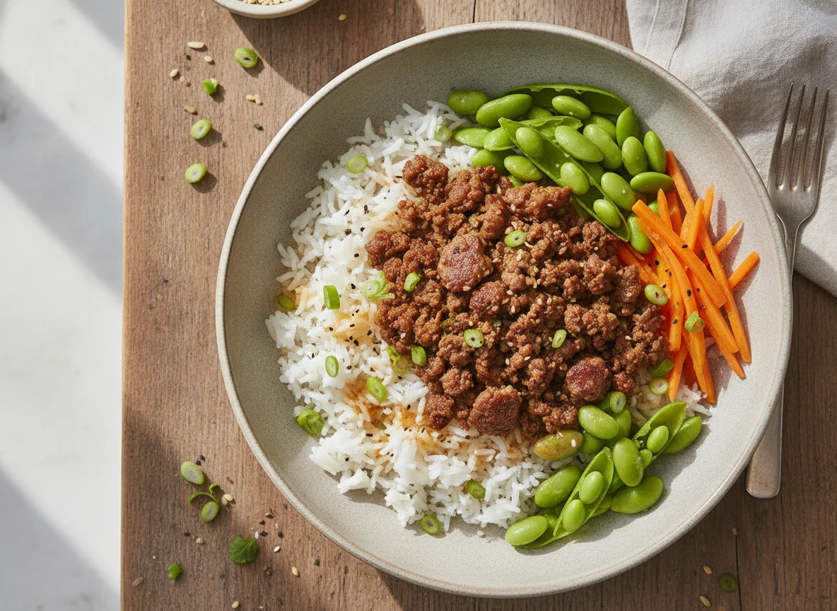 Ground Beef and Rice Bowl with Edamame photo