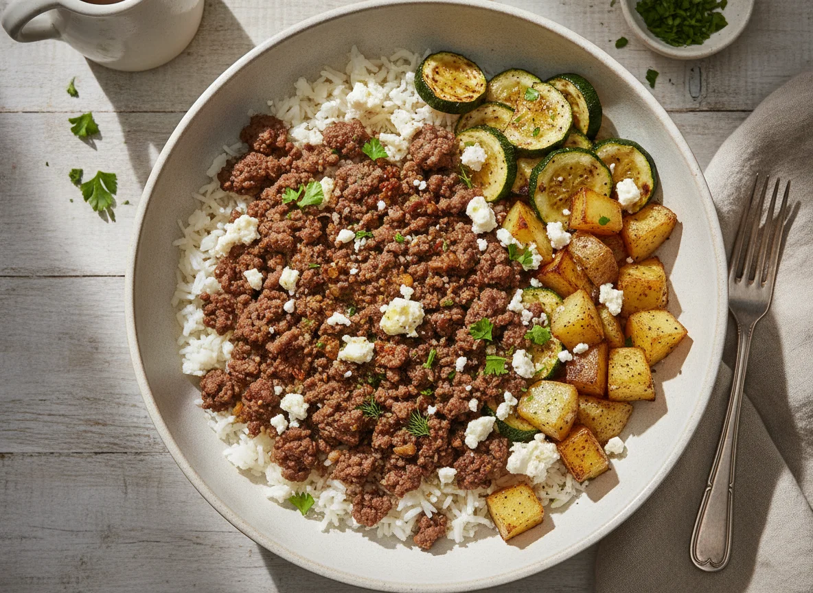 Ground Beef and Rice Bowl with Feta and Zucchini photo