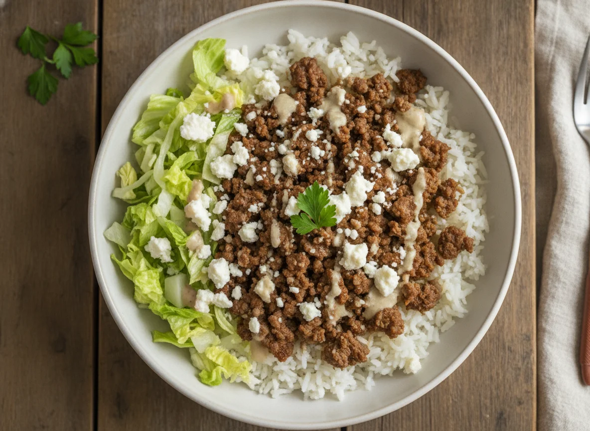 Ground Beef and Rice Bowl with Lettuce and Feta photo