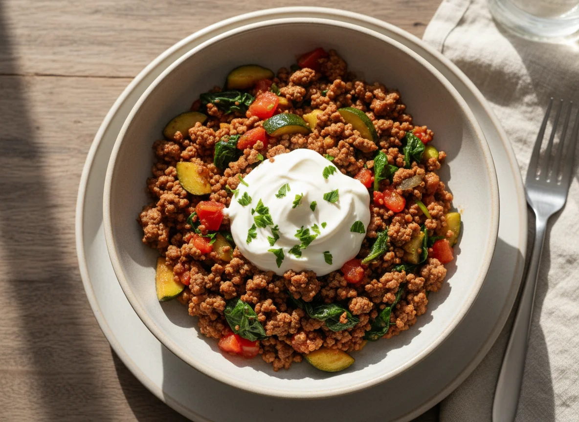 Ground Beef and Vegetable Bowl with Sour Cream photo