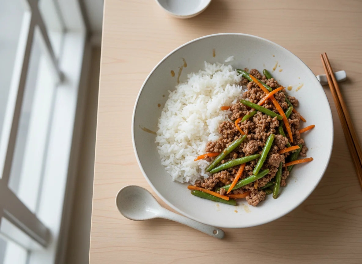Ground Beef and Vegetable Stir-fry with White Rice photo