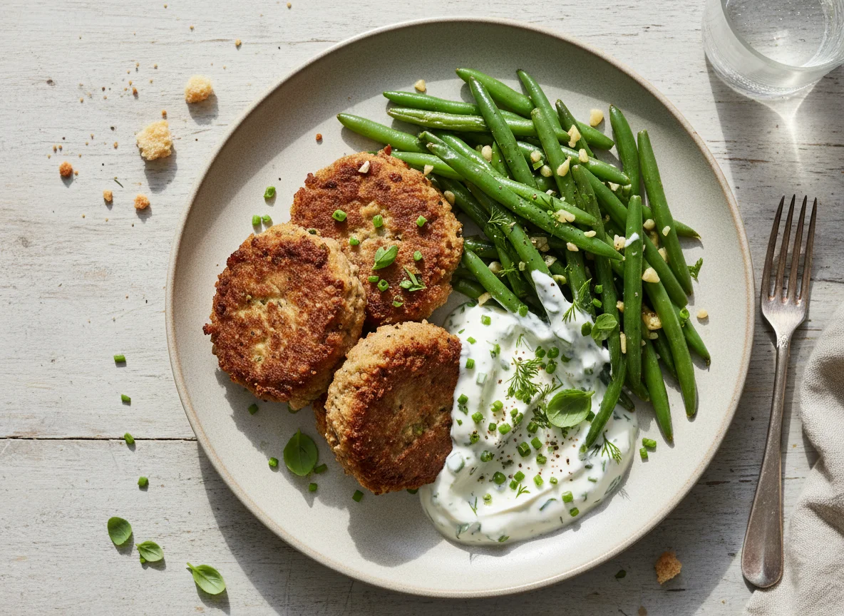 Ground Beef Fritters & Green Beans with Garlic-Herb Yogurt photo
