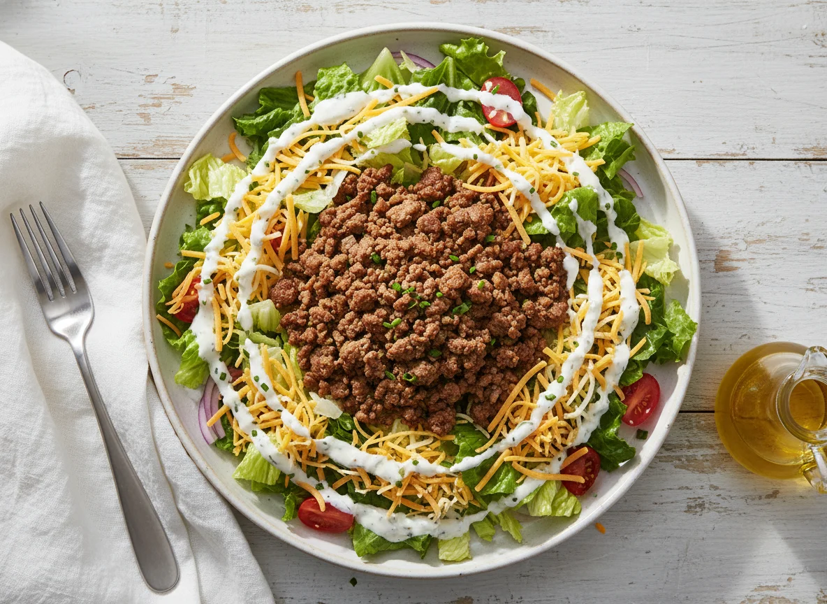 Ground Beef Salad with Cheese and Dressing photo