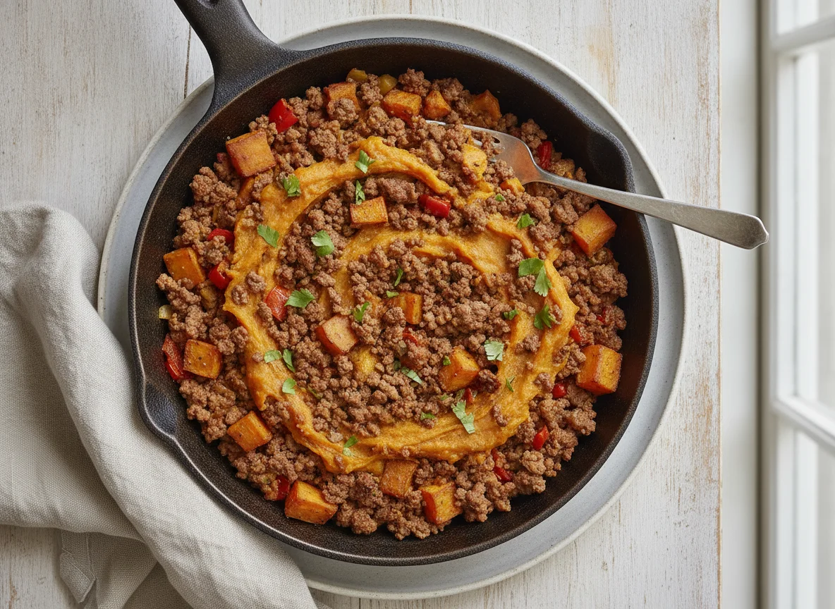 Ground Beef Skillet with Sweet Potato and Bell Pepper photo