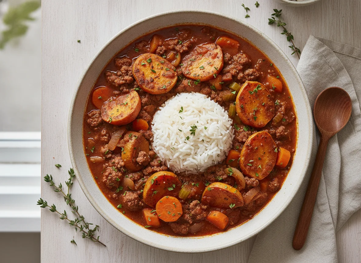 Ground Beef Stew with Roasted Sweet Potatoes and Onions photo