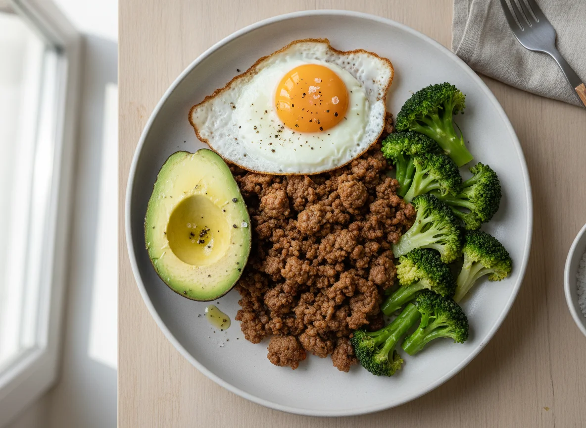 Ground Beef with Avocado, Broccoli, and Fried Egg photo