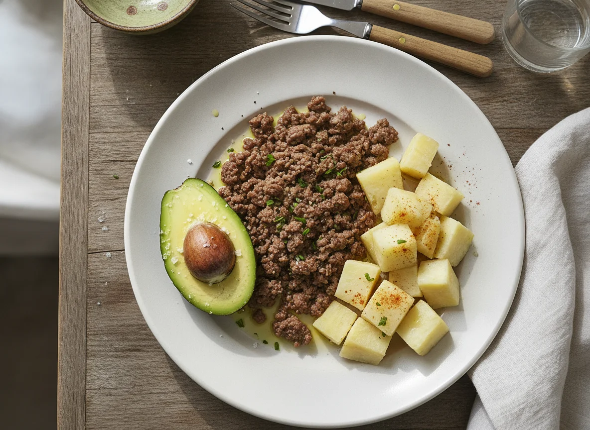 Ground Beef with Boiled Sweet Potato and Avocado photo