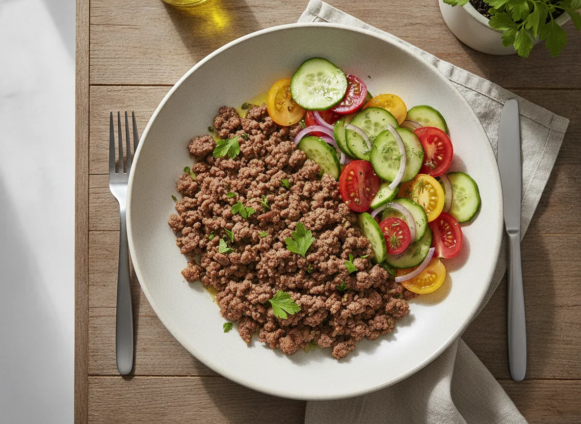 Ground Beef with Cucumber and Tomato Salad photo