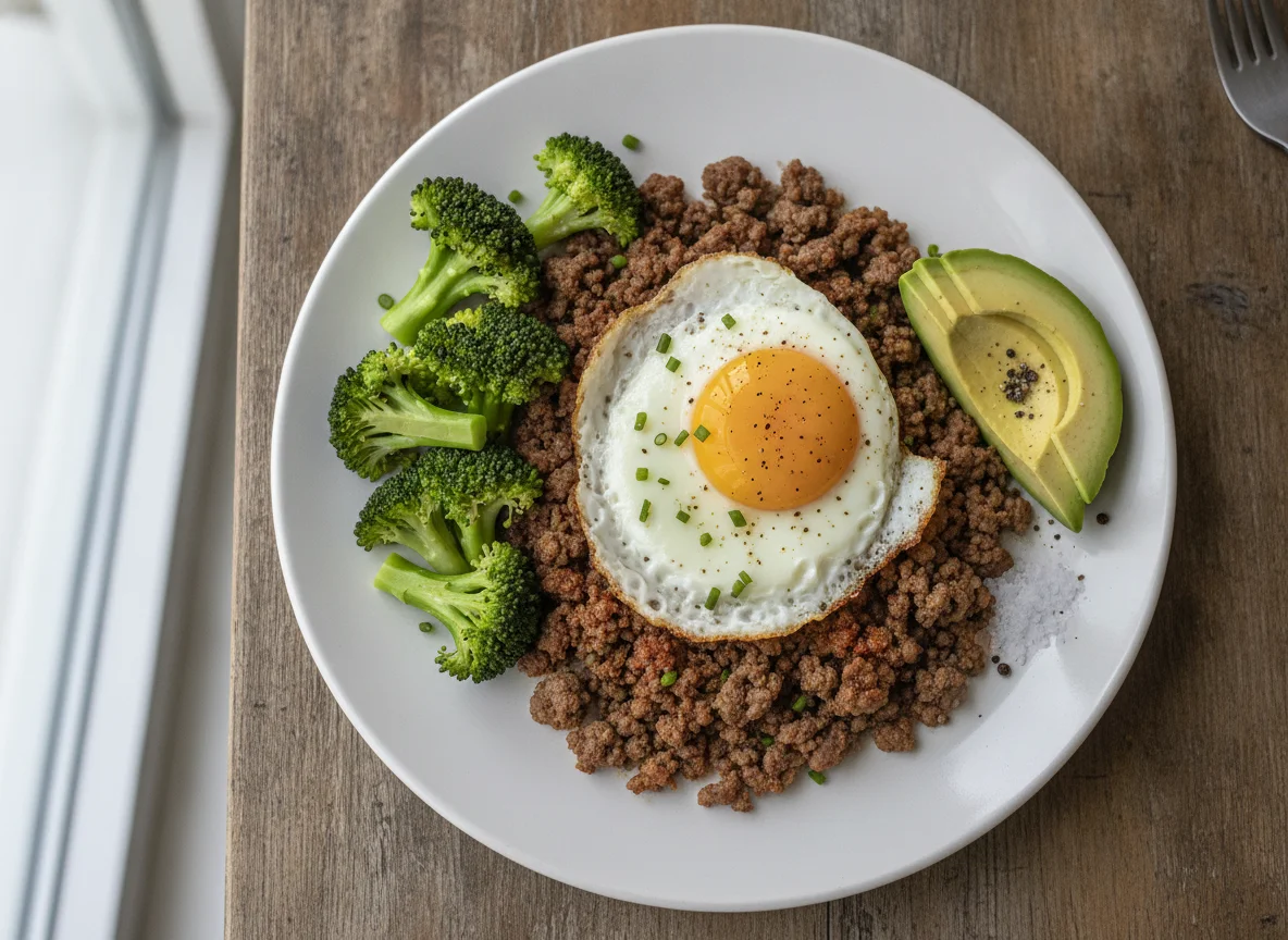 Ground Beef with Fried Egg, Broccoli, and Avocado photo