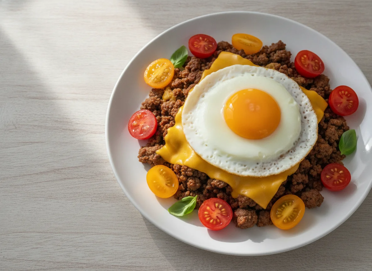 Ground beef with fried egg, cheese and cherry tomatoes photo