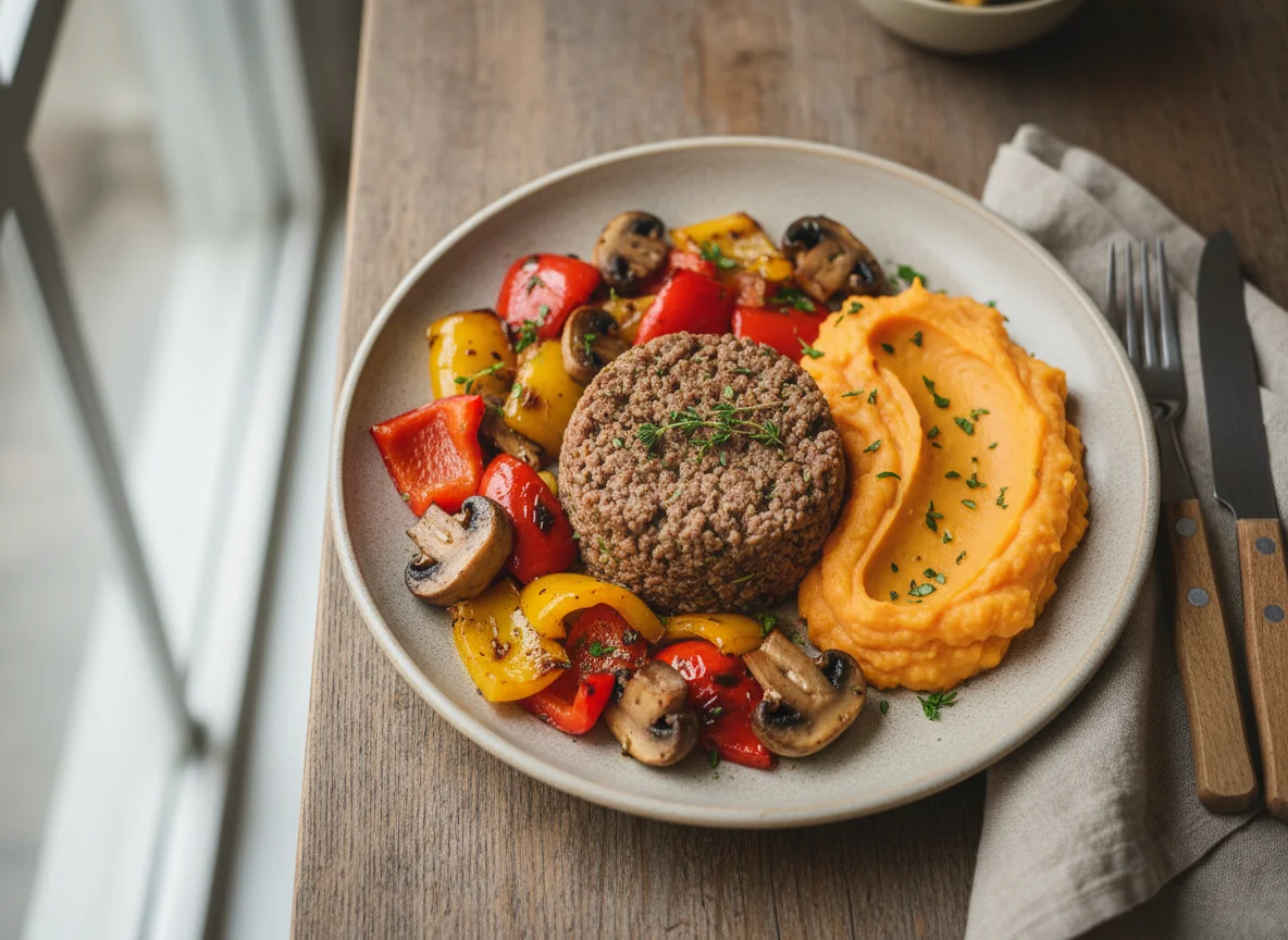 Ground Beef with Mashed Sweet Potato and Roasted Vegetables photo