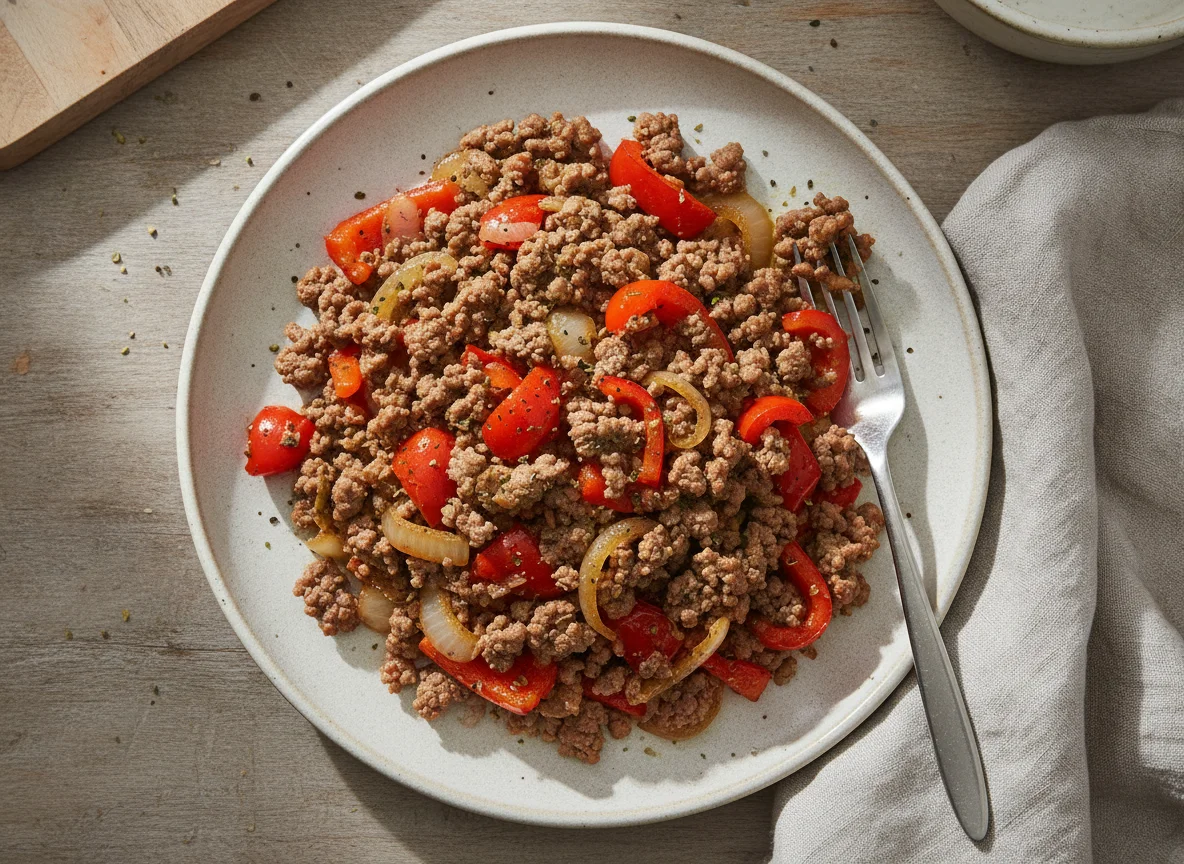 Ground Beef with Peppers and Onions photo