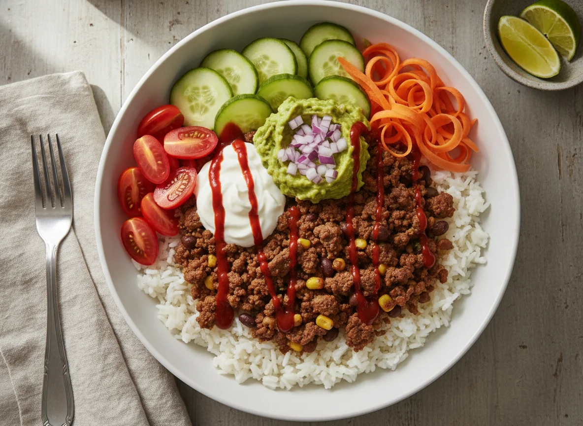 Ground beef with rice and salad photo