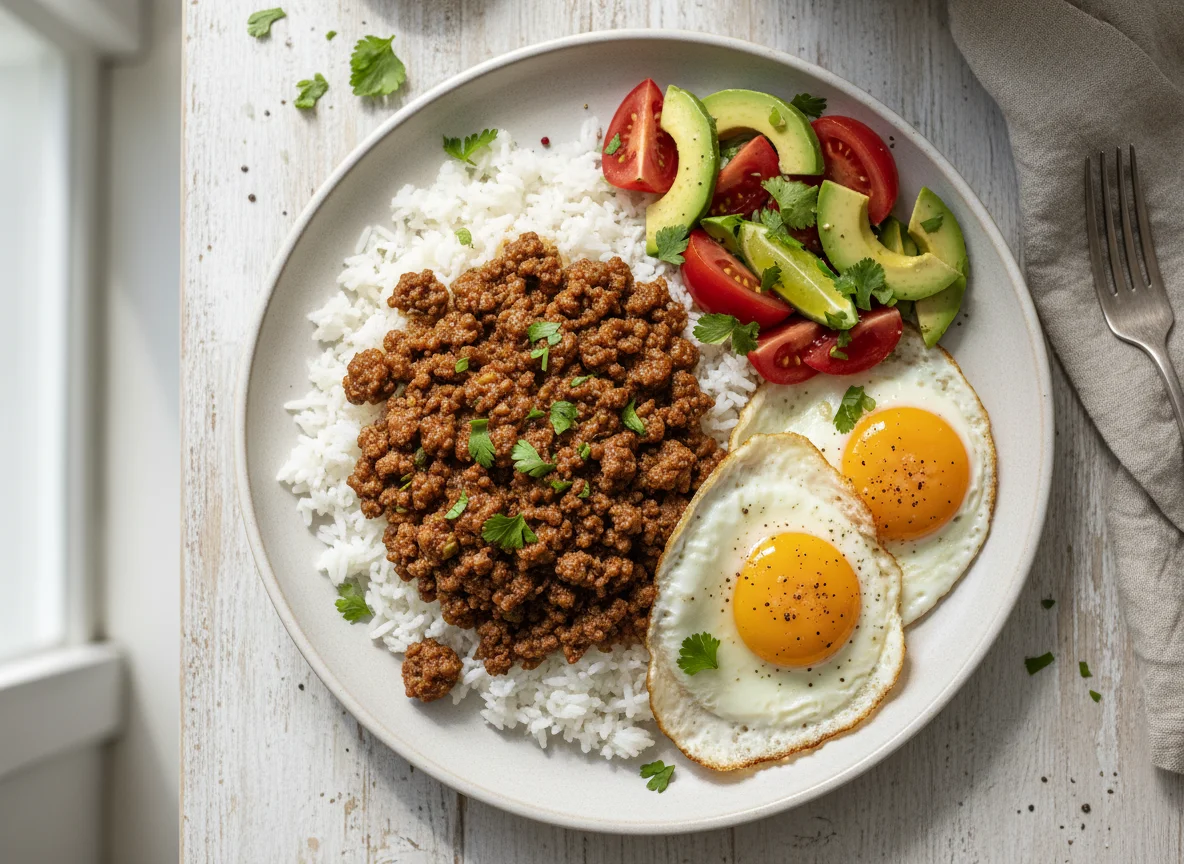 Ground Beef with Rice, Fried Eggs, and Avocado Tomato Salad photo