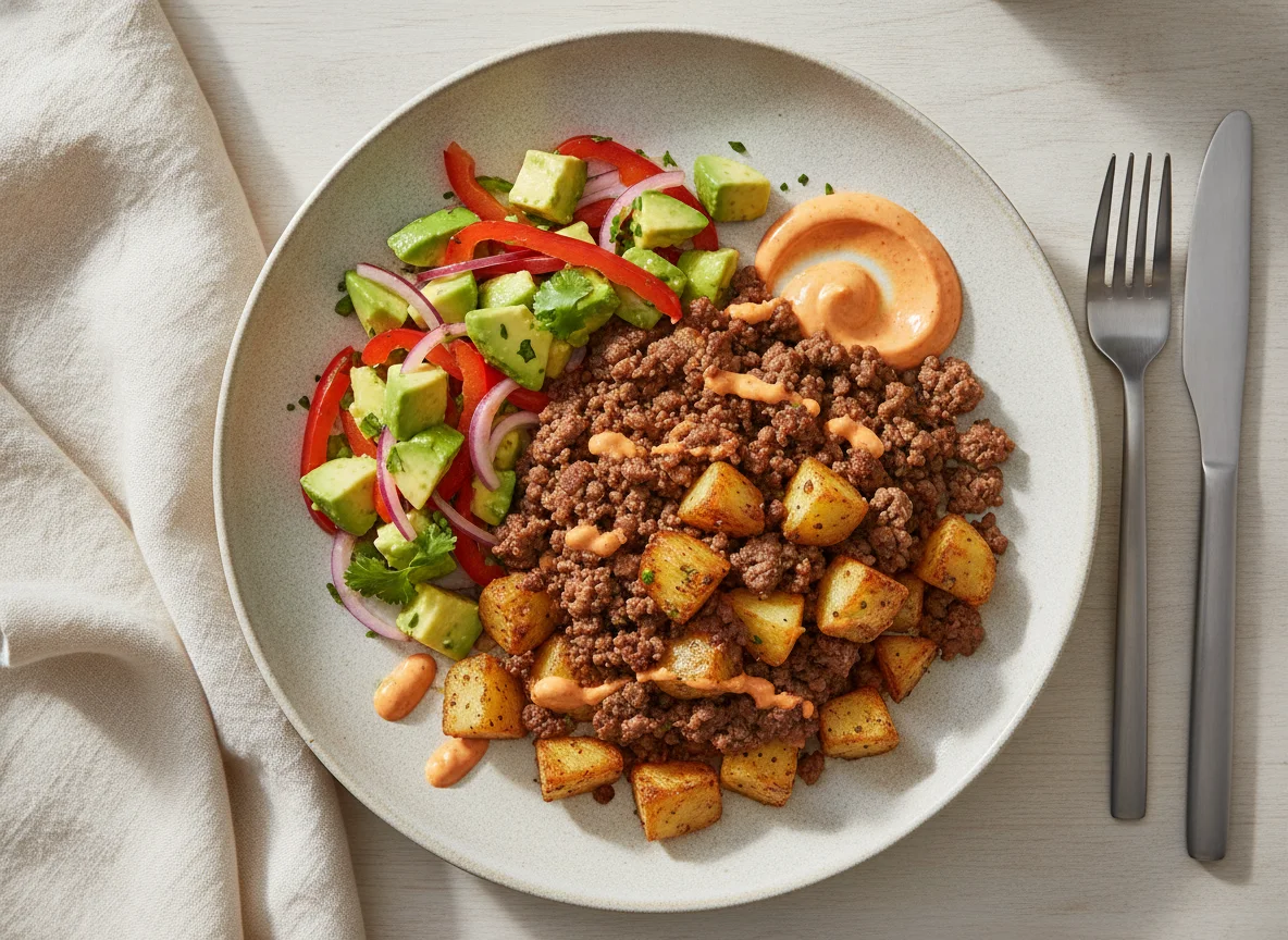 Ground Beef with Roasted Potatoes and Avocado Salad photo