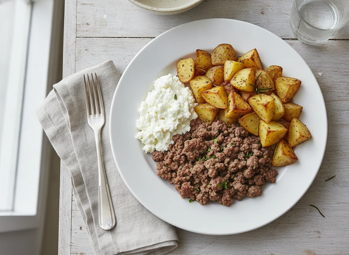 Ground beef with roasted potatoes and cottage cheese photo