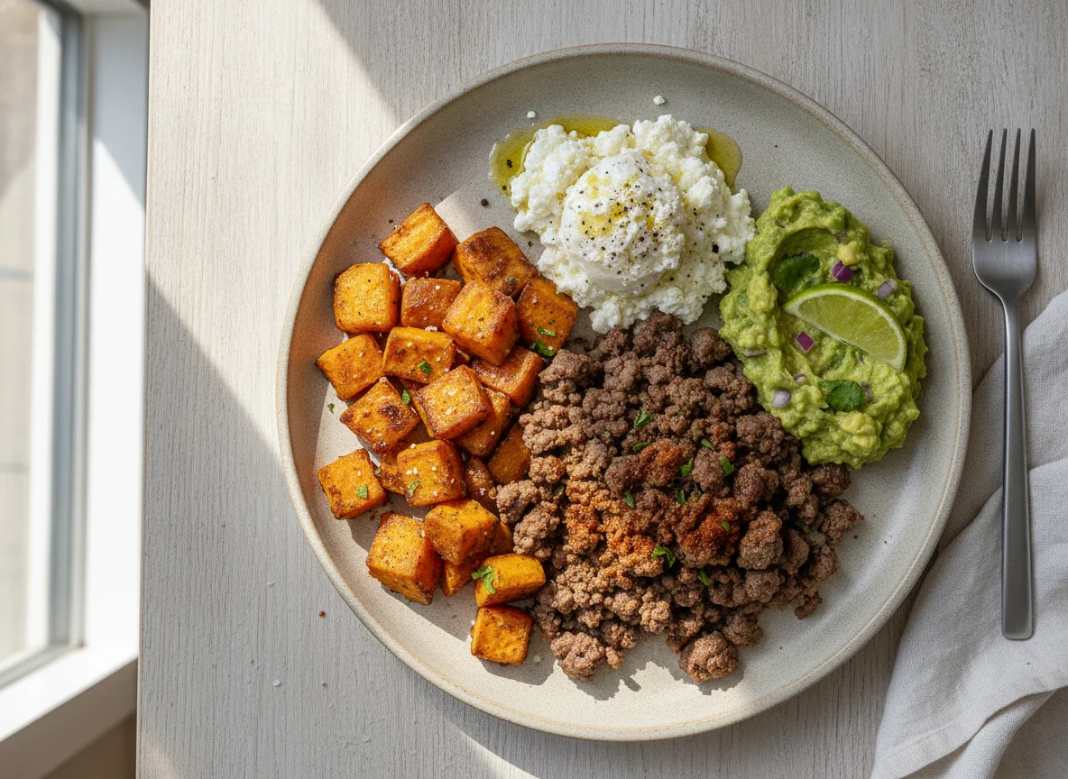 Ground Beef with Roasted Sweet Potatoes, Guacamole, and Cottage Cheese photo