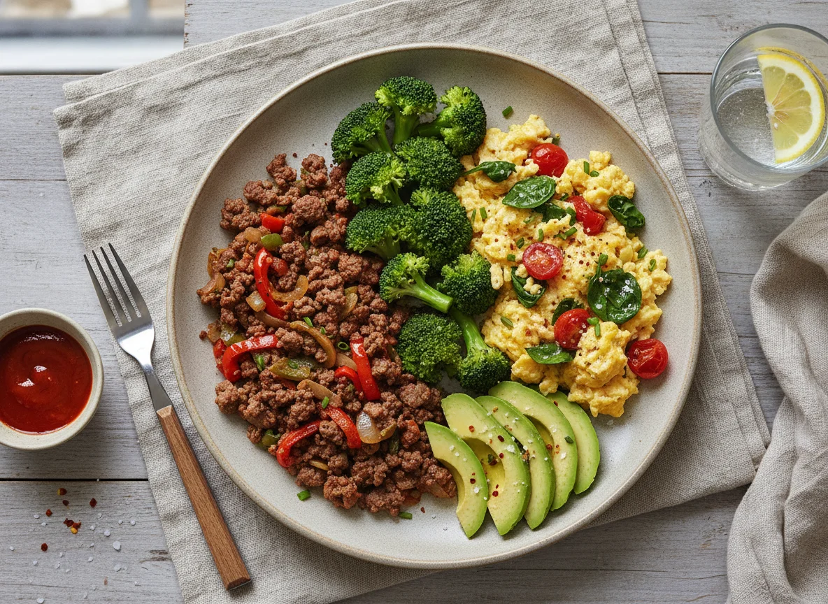 Ground Beef with Scrambled Eggs, Broccoli, and Avocado photo