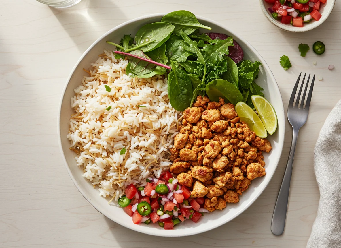 Ground Chicken Rice Bowl with Salad and Salsa photo