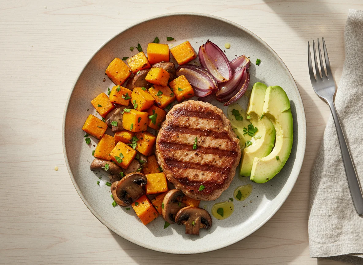 Ground chicken steak with roasted squash, mushrooms, onions and avocado photo