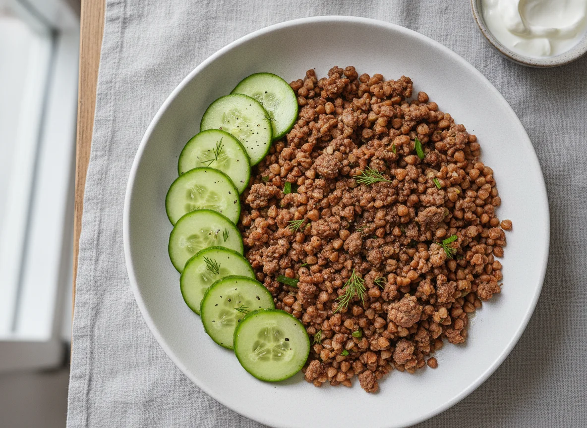 Ground Meat and Buckwheat with Cucumbers photo