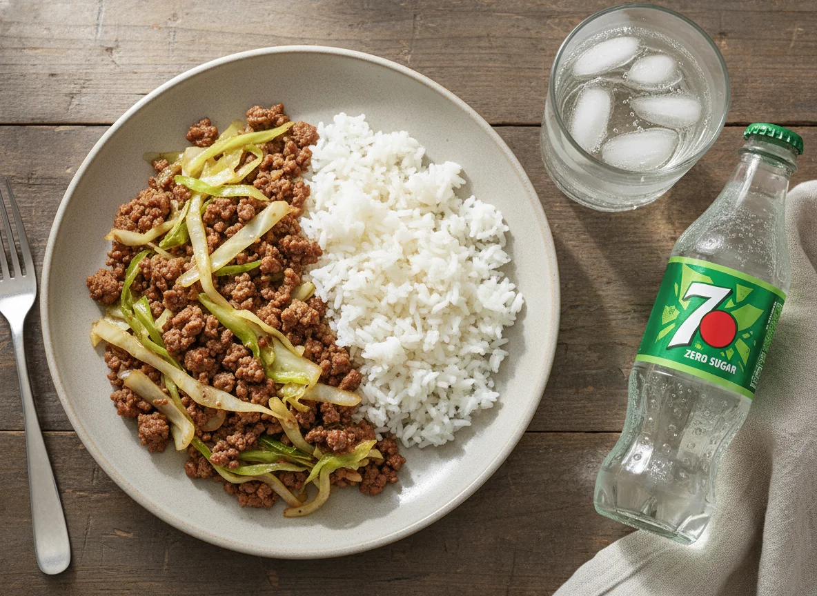 Ground Meat and Cabbage with Rice and 7UP Zero Sugar photo