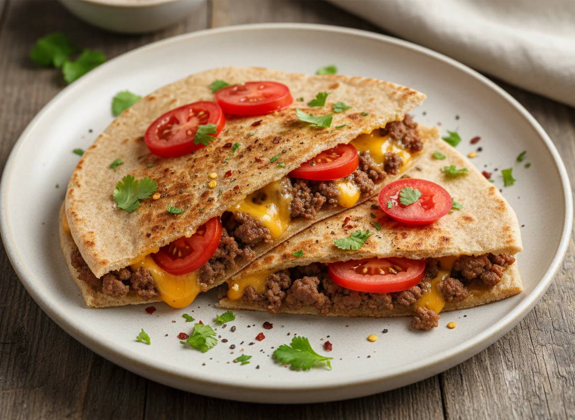 Ground Meat and Cheese Flatbread Sandwich photo