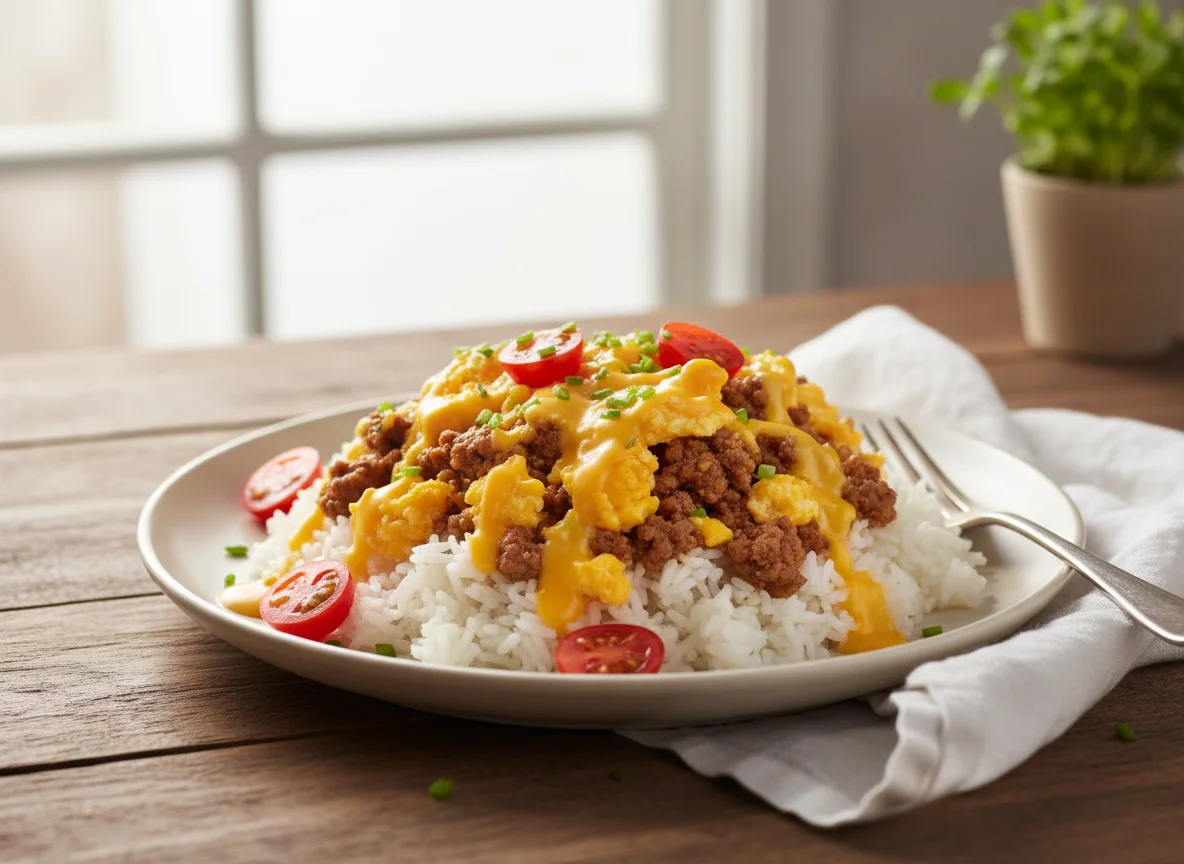 Ground Meat and Egg Scramble with Rice and Sauce photo