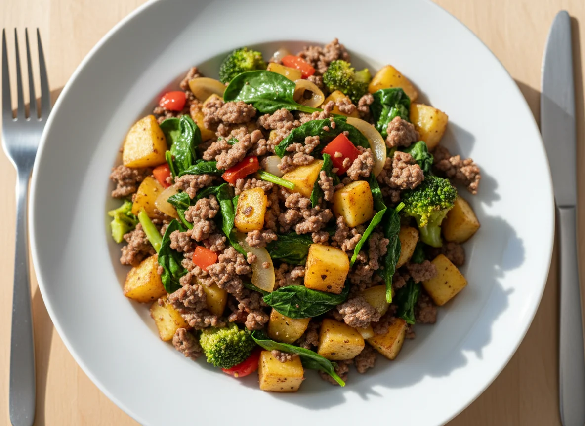 Ground Meat and Potato Hash with Spinach and Broccoli photo