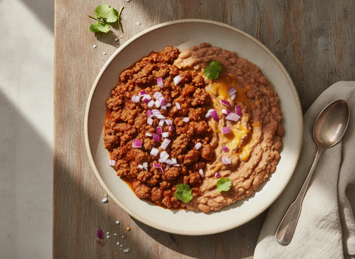 Ground Meat and Refried Beans with Red Onion photo