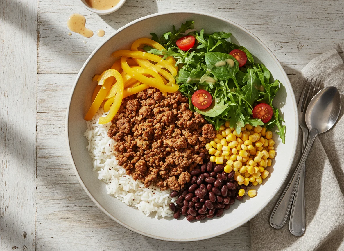 Ground Meat and Rice Bowl with Salad photo