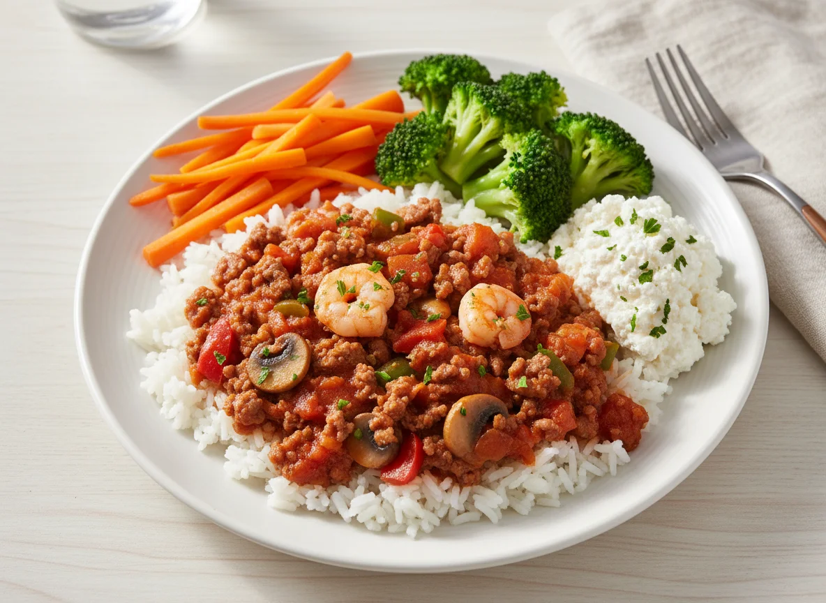 Ground Meat and Rice with Vegetables and Cottage Cheese photo