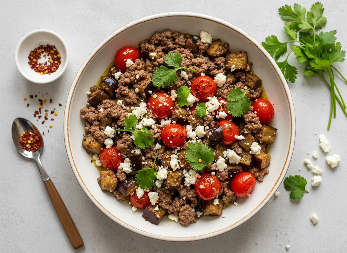 Ground Meat and Vegetable Bowl with Feta photo