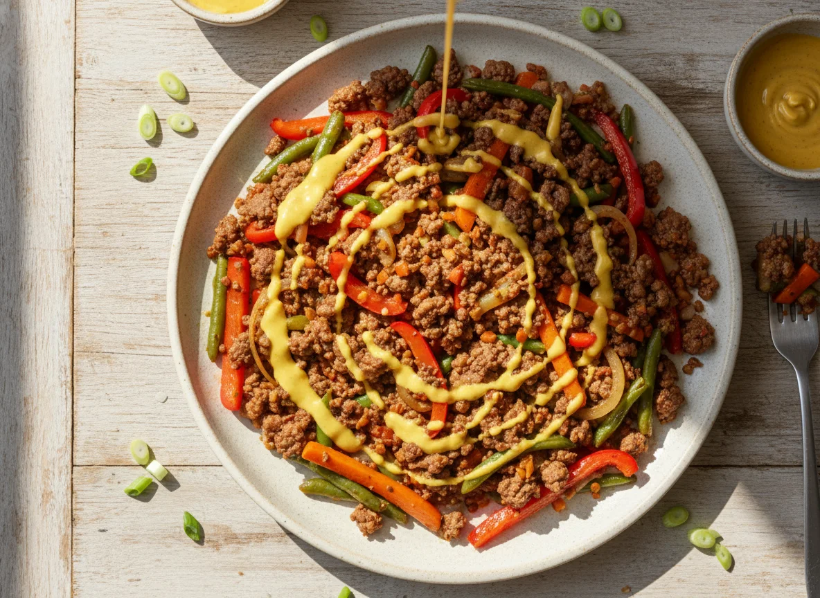 Ground Meat and Vegetable Stir-fry with Honey Mustard Sauce photo