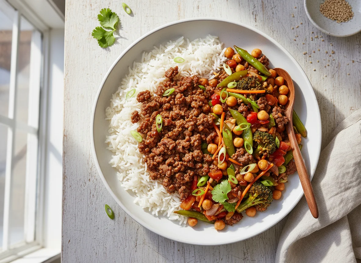 Ground Meat, Chickpea Stir-fry and Rice Bowl photo