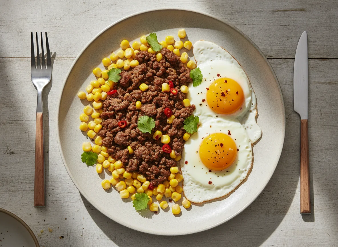 Ground Meat, Eggs, and Corn Plate photo