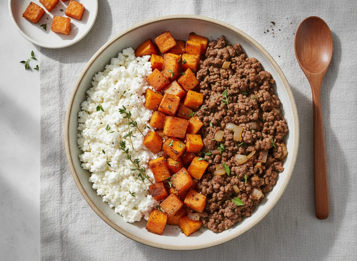 Ground Meat, Sweet Potato, and Cottage Cheese Bowl photo