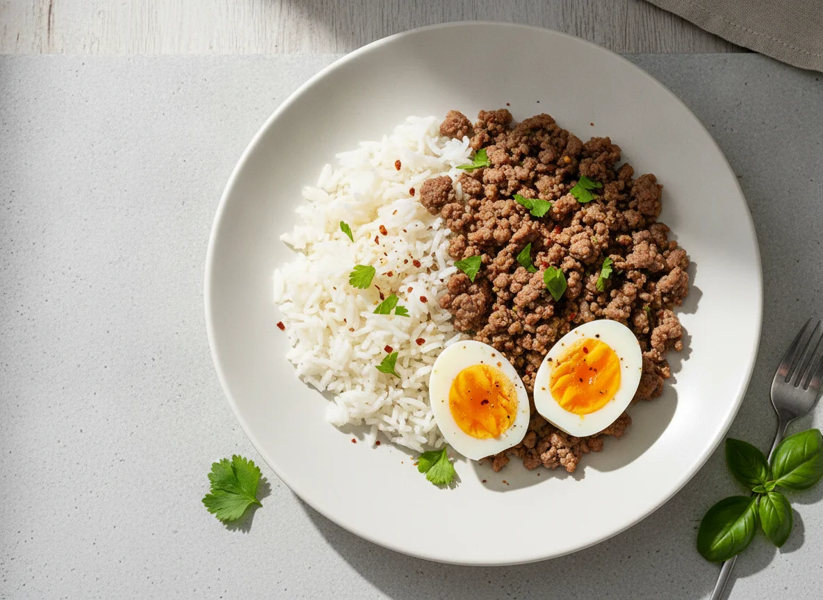 Ground Meat with Rice and Boiled Eggs photo