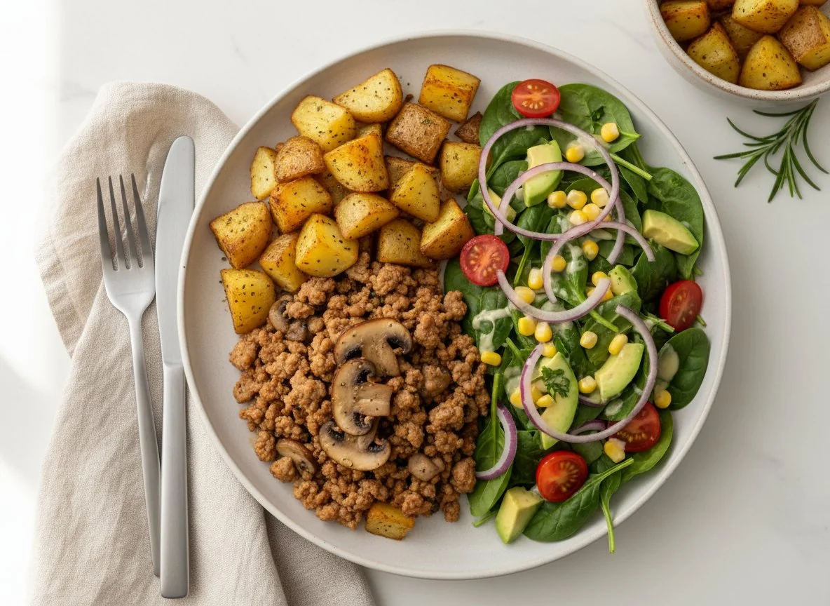 Ground Turkey and Mushroom with Roasted Potatoes and Spinach Salad photo