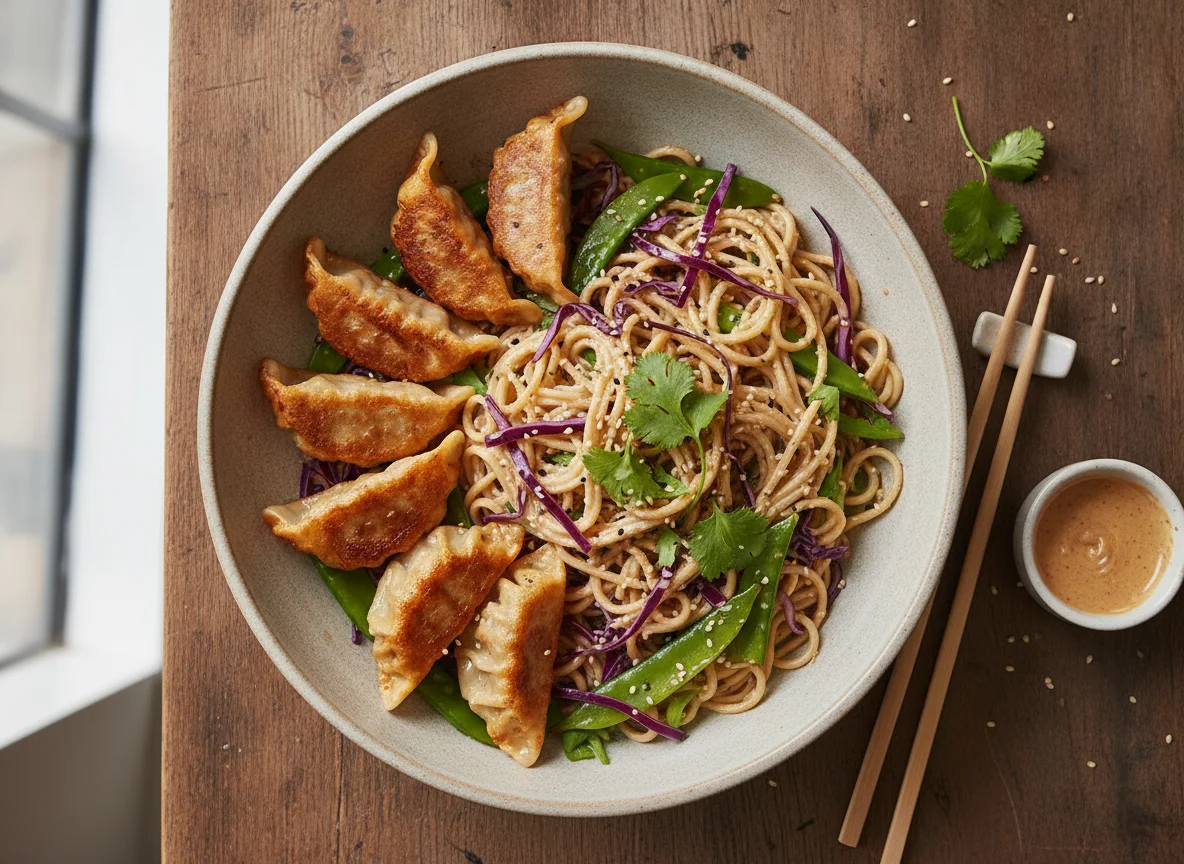 Gyoza and Noodle Bowl with Red Cabbage photo