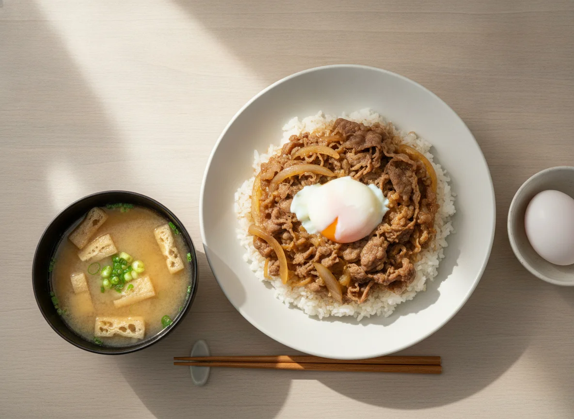 Gyudon with Miso Soup and Onsen Egg photo