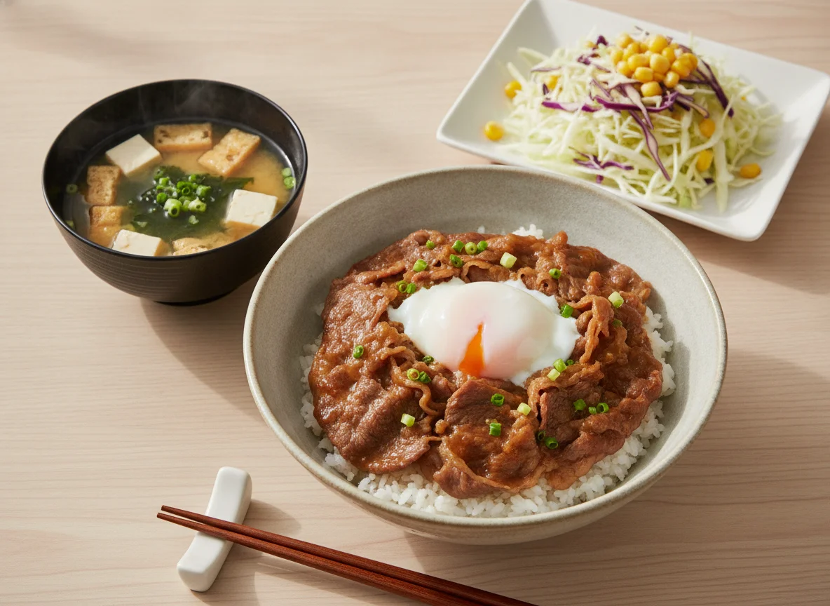 Gyudon with Onsen Egg, Miso Soup, and Cabbage Salad photo