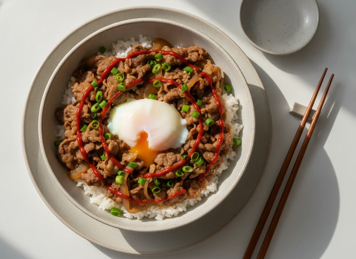 Gyudon with Soft Boiled Egg and Chili Sauce photo