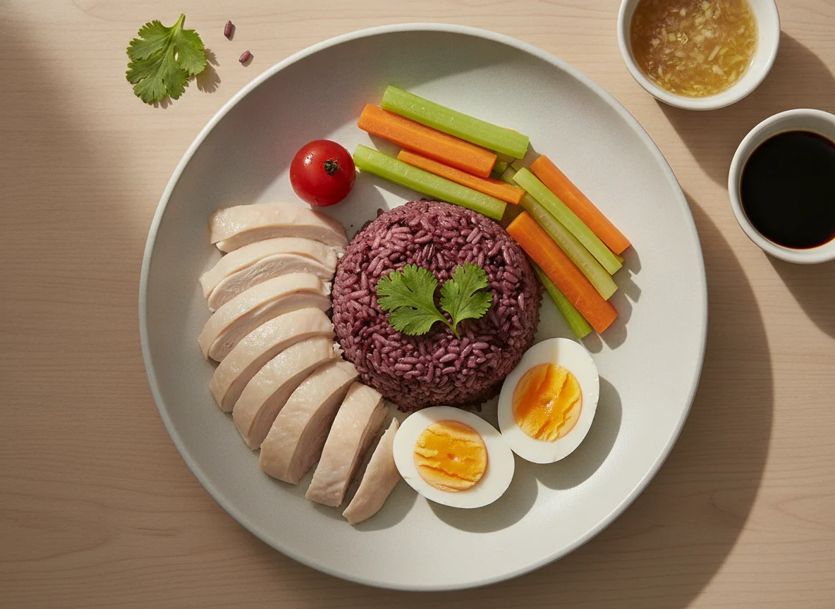 Hainan Chicken with Purple Rice and Steamed Vegetables photo