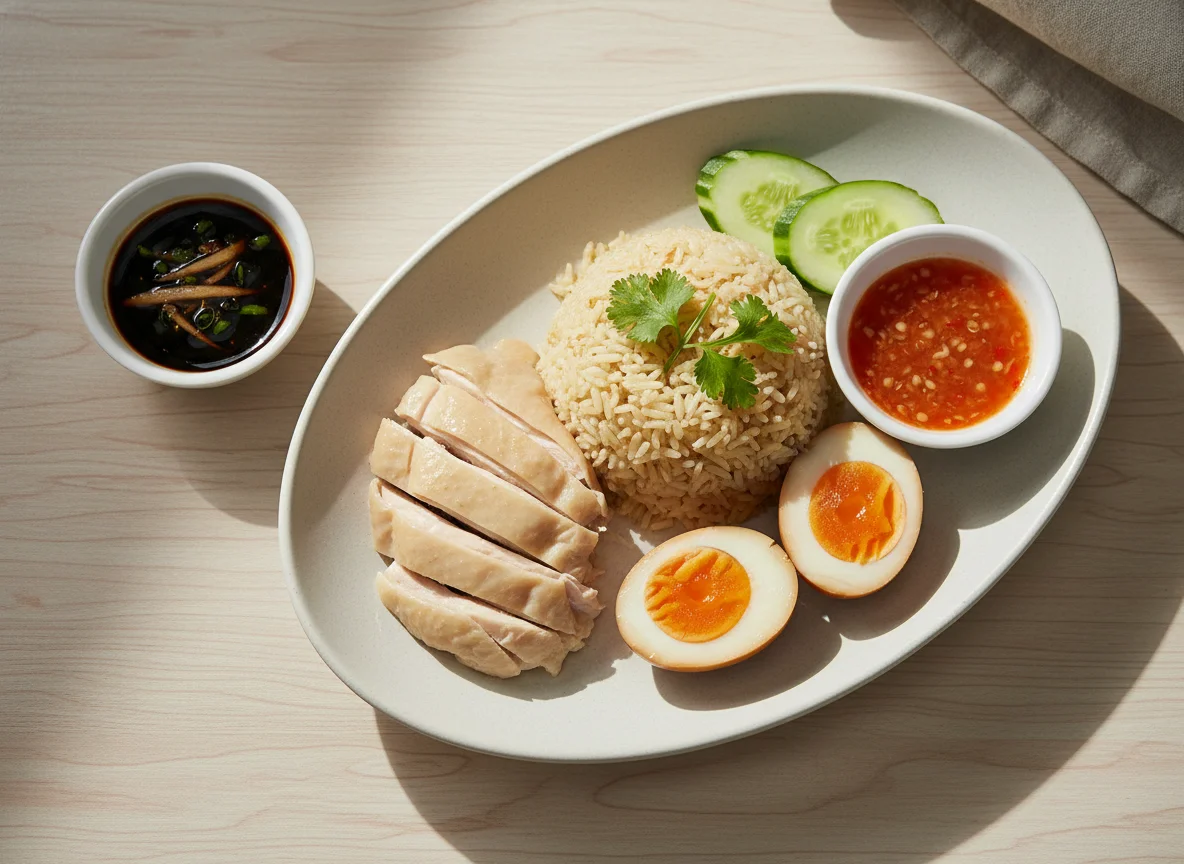 Hainanese Chicken Rice with Braised Egg photo